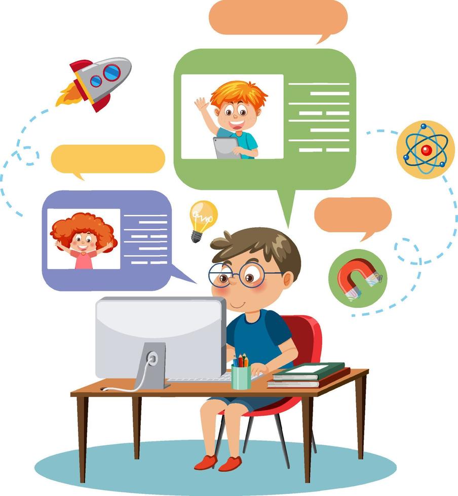 A boy chatting with his friends on computer vector