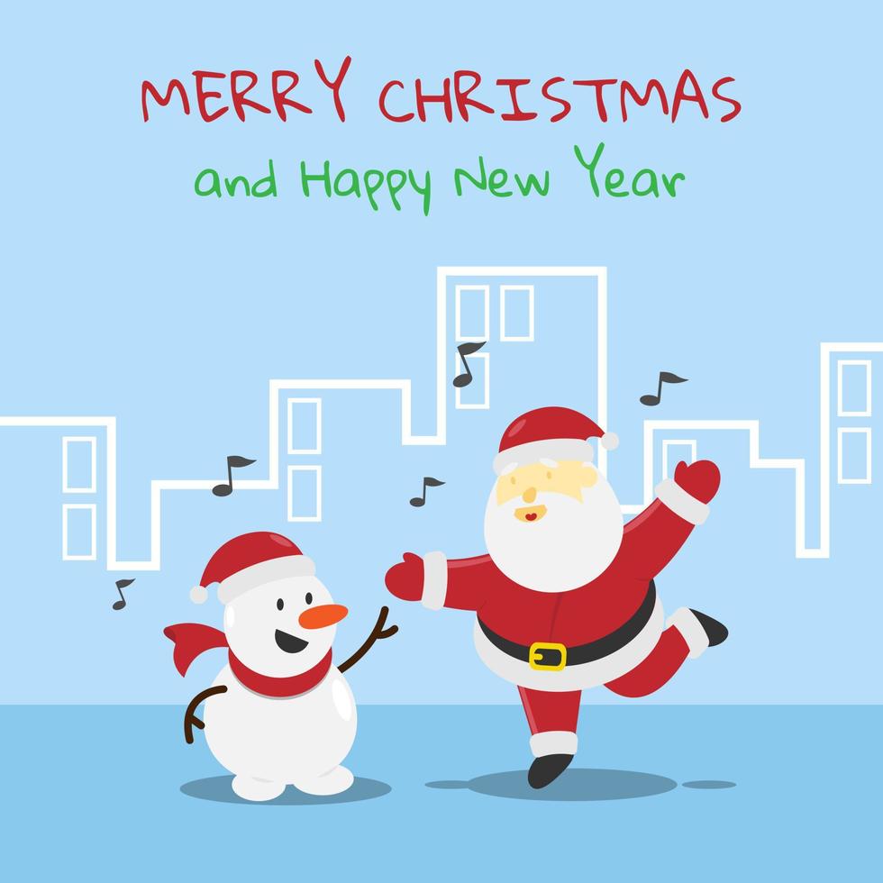 Santa and snowman dance together in the city on Christmas day vector