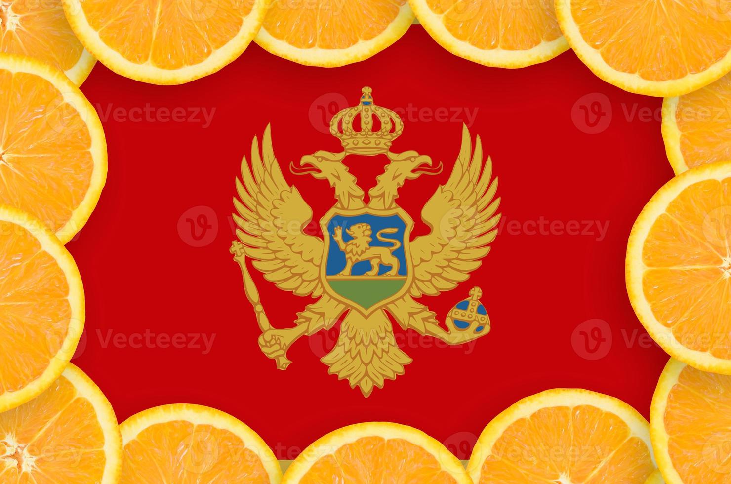 bandera de montenegro en marco de rodajas de cítricos frescos foto