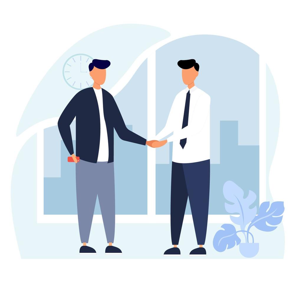 Successful team communication, good negotiations and partnership deal, discussion future work, achieve business agreement. Businessmen handshake vector