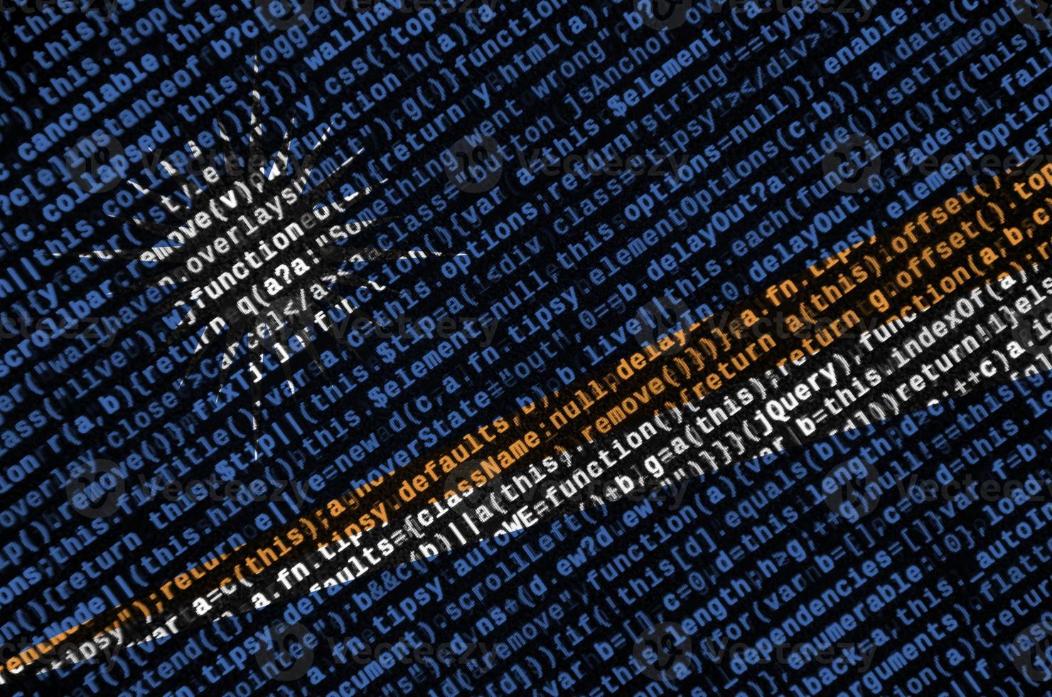 Marshall Islands flag is depicted on the screen with the program code. The concept of modern technology and site development photo