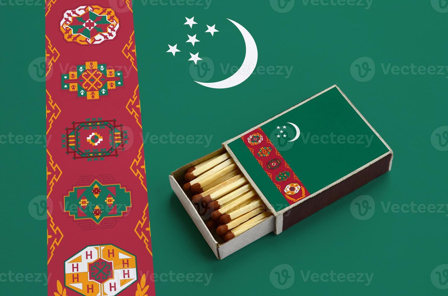 Turkmenistan flag is shown in an open matchbox, which is filled with matches and lies on a large flag photo