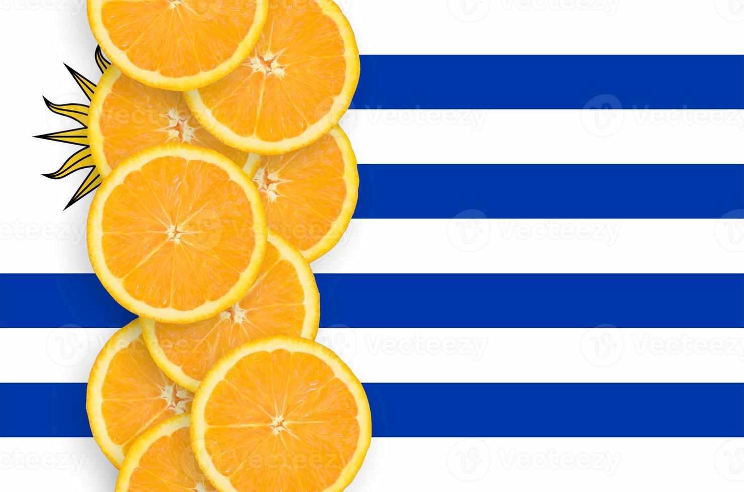 Uruguay flag and citrus fruit slices vertical row photo