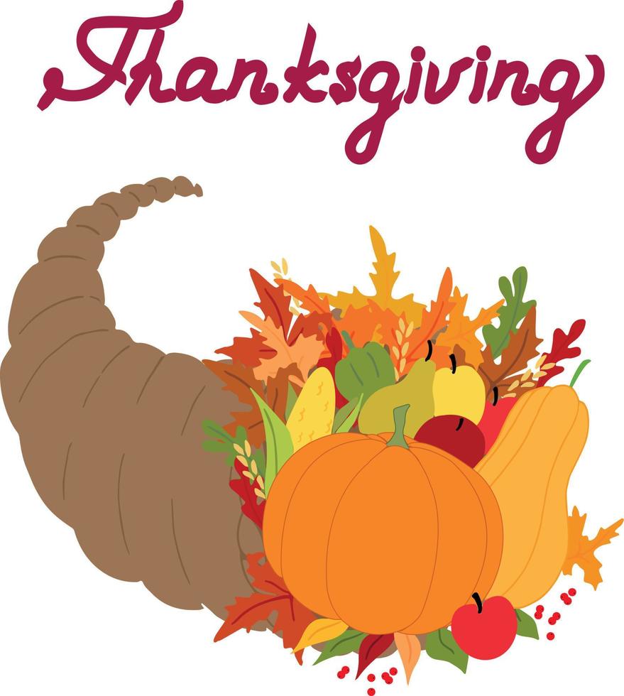 Thanksgiving cornucopia with fruits and vegetables. Hand drawn vector illustration. Happy Thanksgiving Day