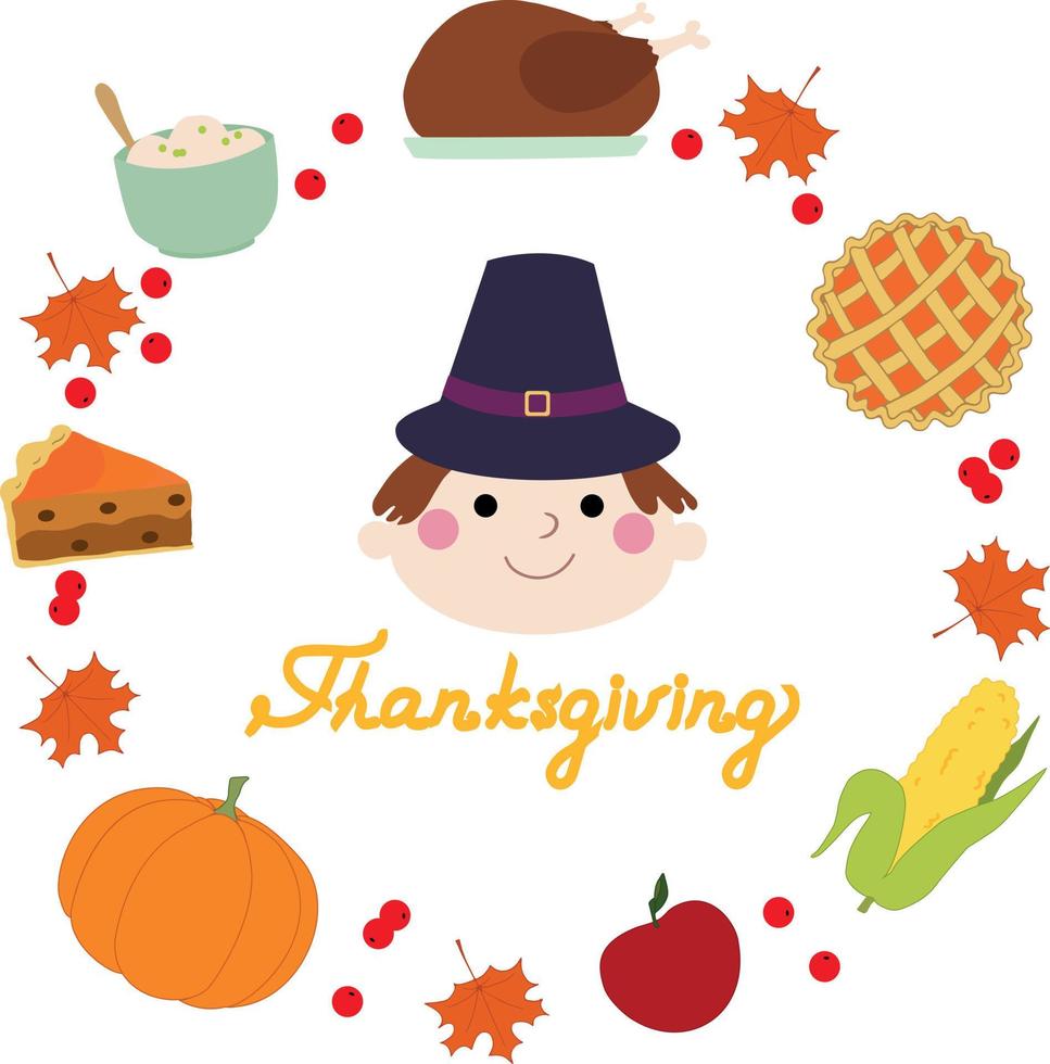 Cute pilgrim in a circle of Thanksgiving Day elements. Happy Thanksgiving Day. Hand drawn vector art. Hand drawn text