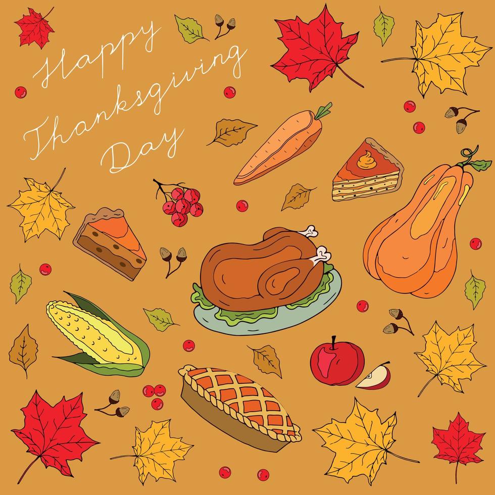 comida feliz día de acción de gracias. ilustración dibujada a mano de la comida tradicional de acción de gracias y la cosecha. texto dibujado a mano vector