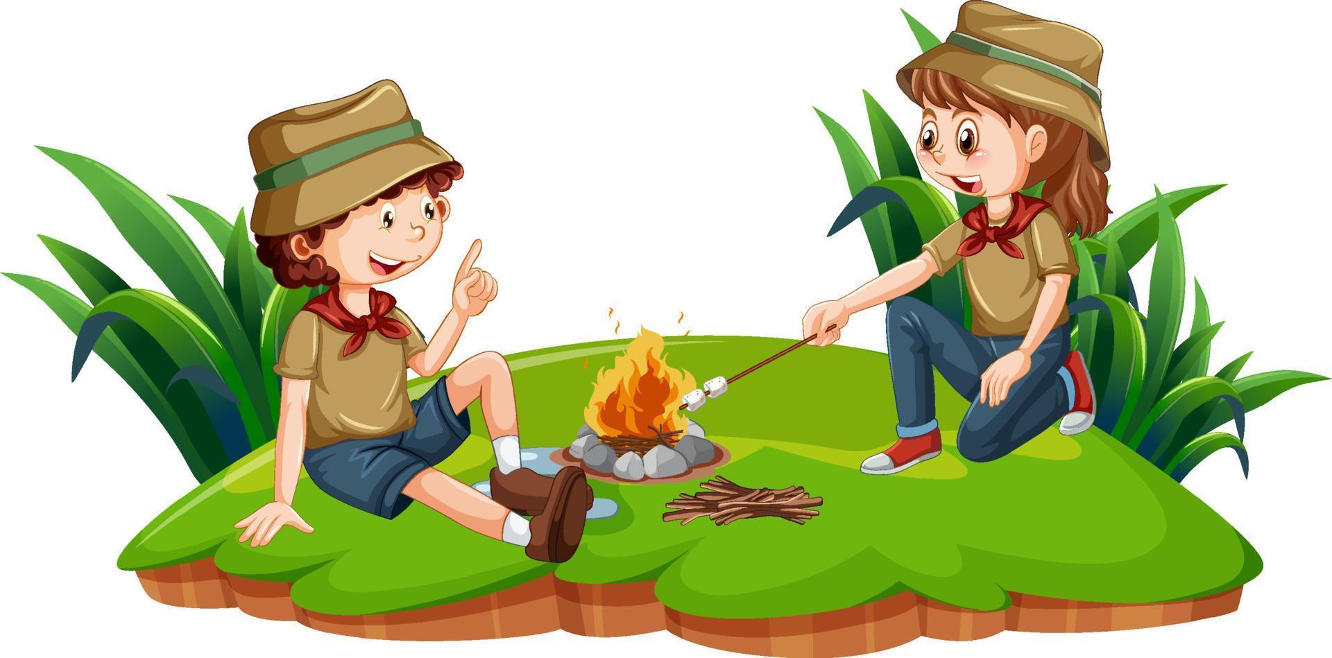 Two camping kids roasting marshmallows vector