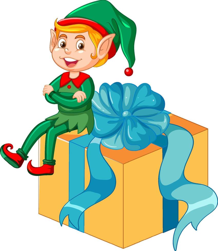 Christmas elf sitting on the gift box vector