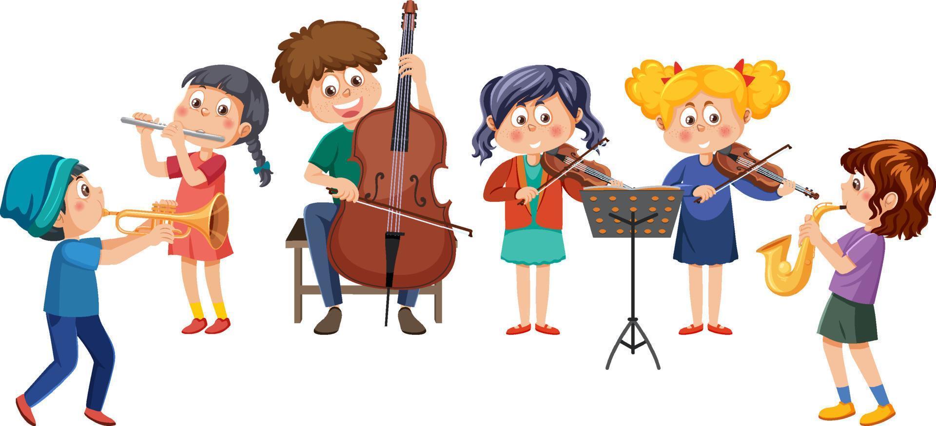 Orchestra band with kids playing musical instruments vector