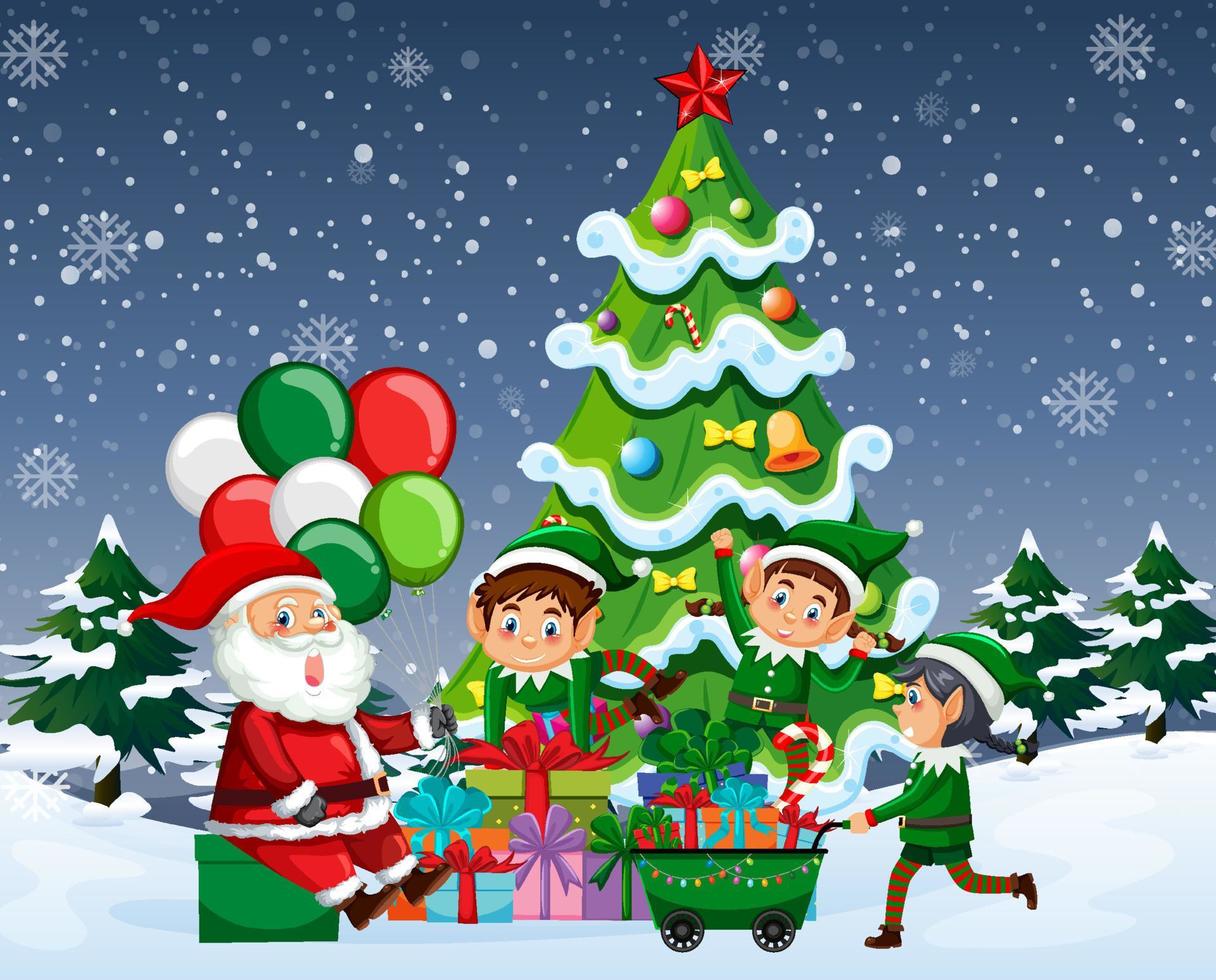 Christmas night with Santa Claus and elves vector