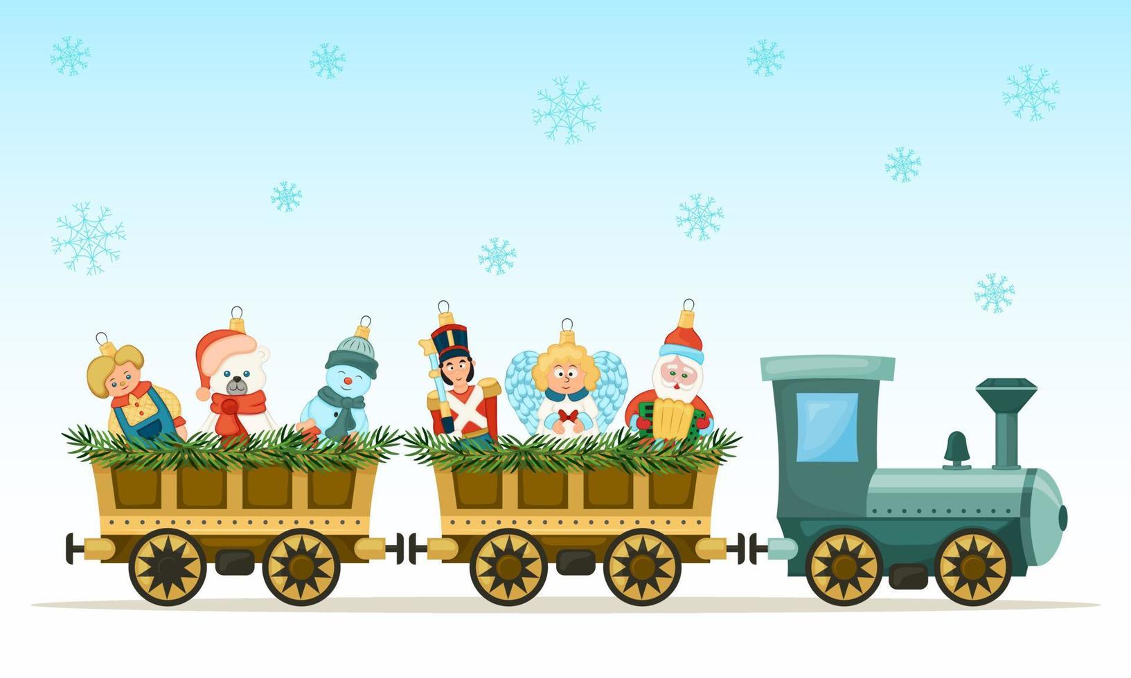 Cute Christmas train carrying Christmas toys and decorations against a backdrop of falling snowflakes. Vector illustration.