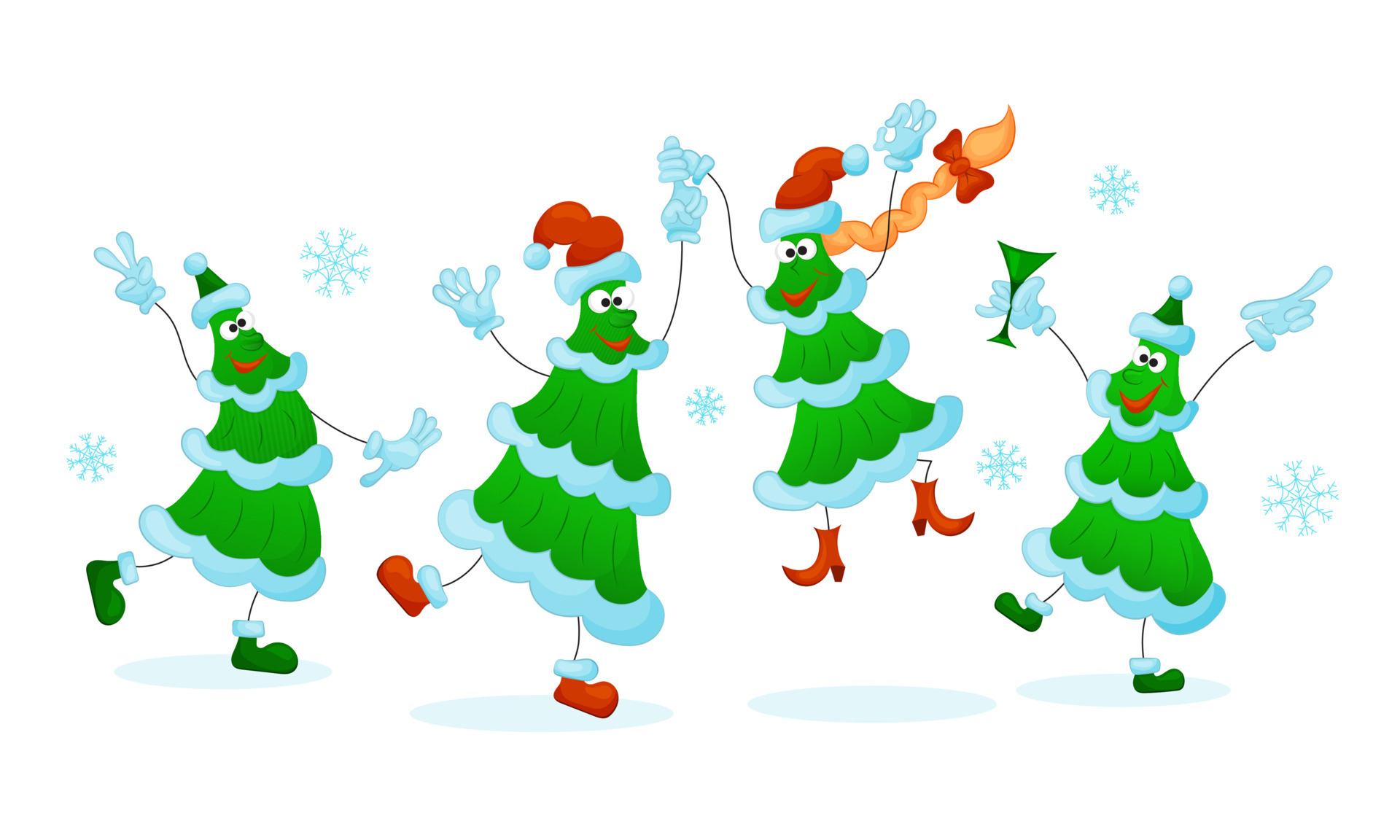 Jolly dancing Christmas trees in Christmas hats and snowflakes