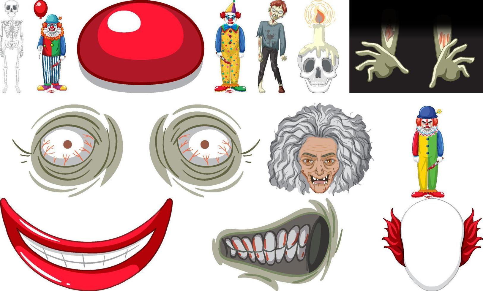 Set of horror halloween objects and cartoon characters vector