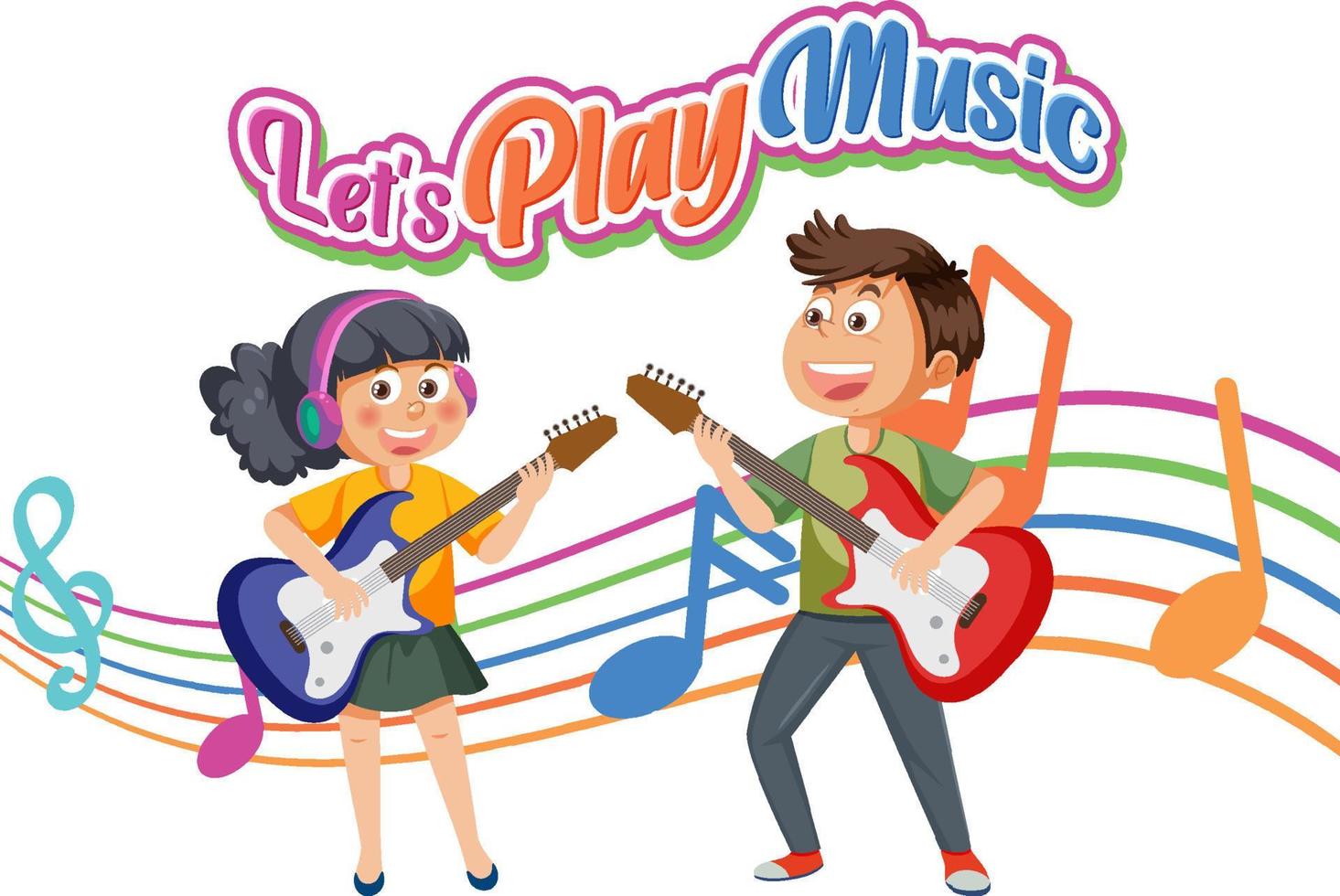 Lets play music text with children playing musical instrument vector
