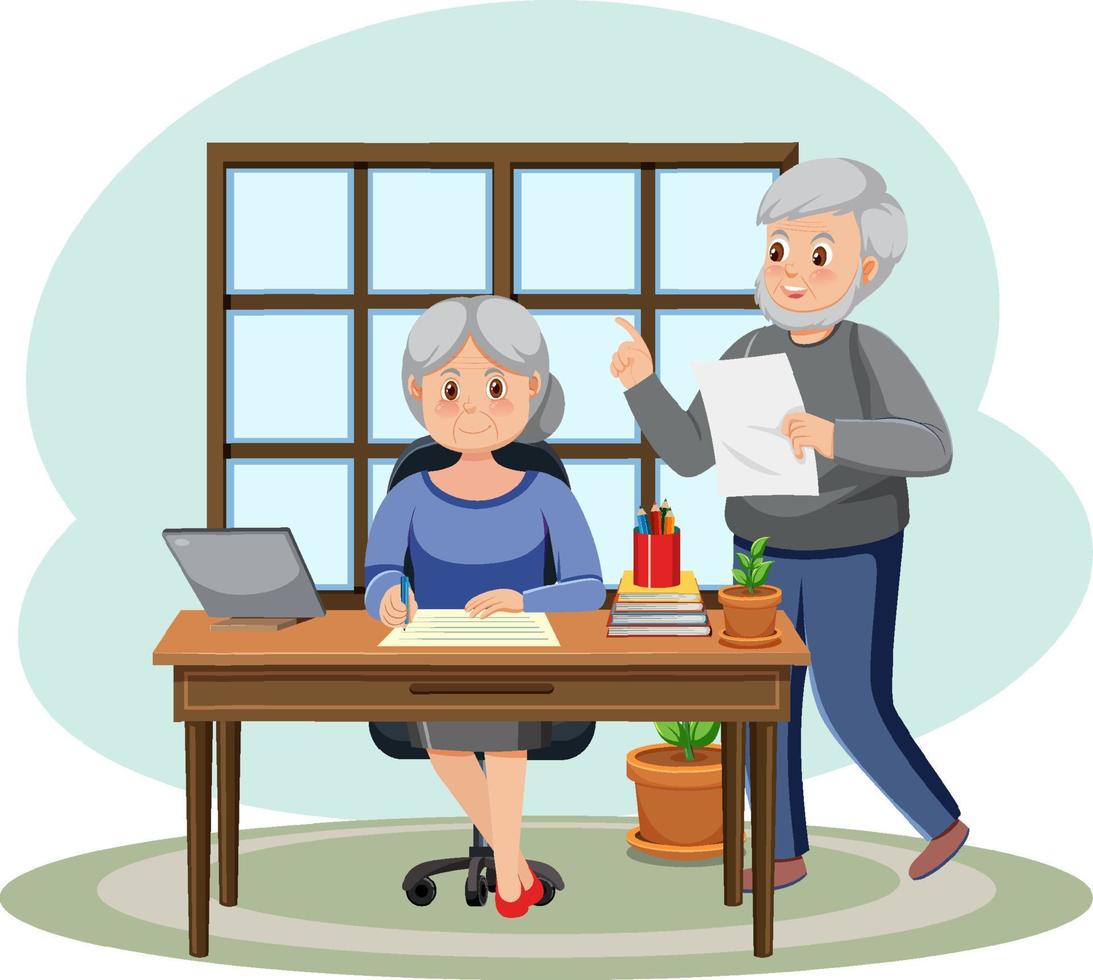 Working space with senior couple cartoon character vector