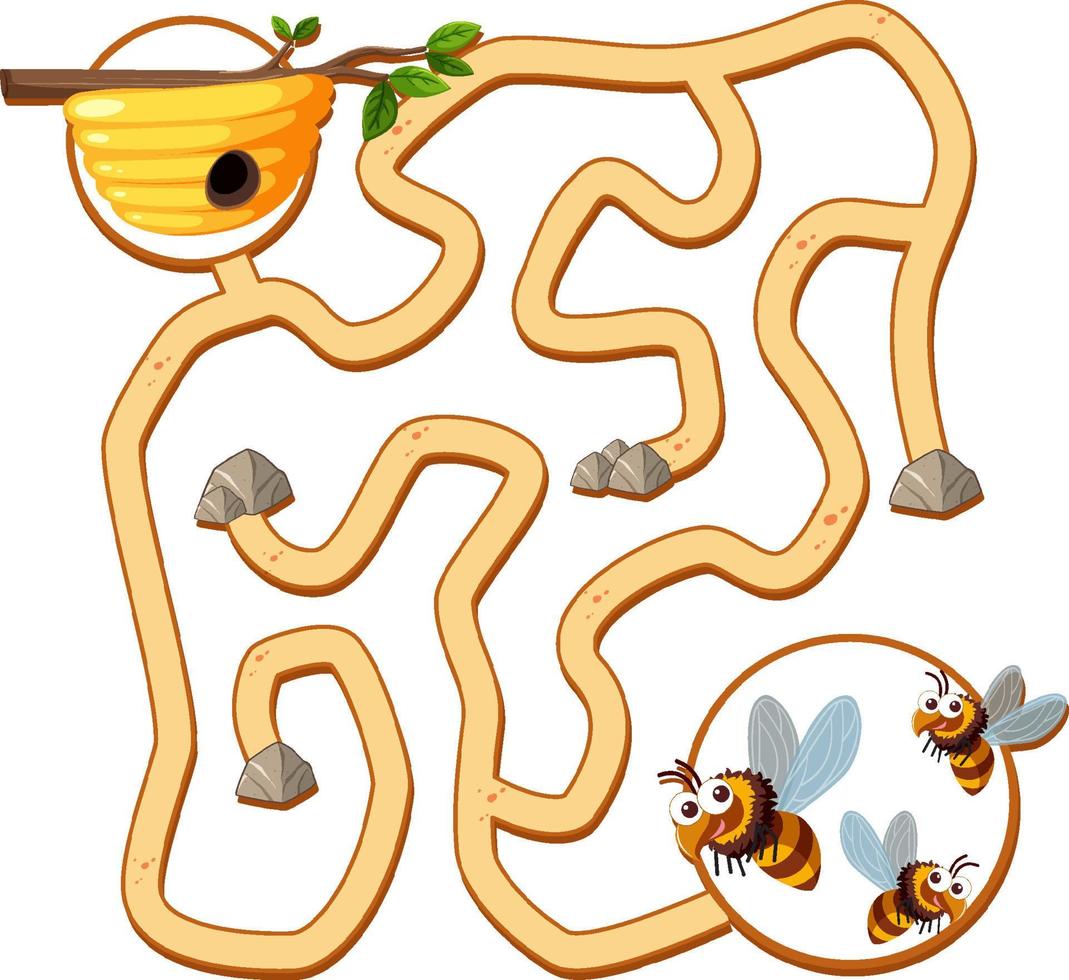 plantilla de juego de laberinto en tema de abeja para niños vector