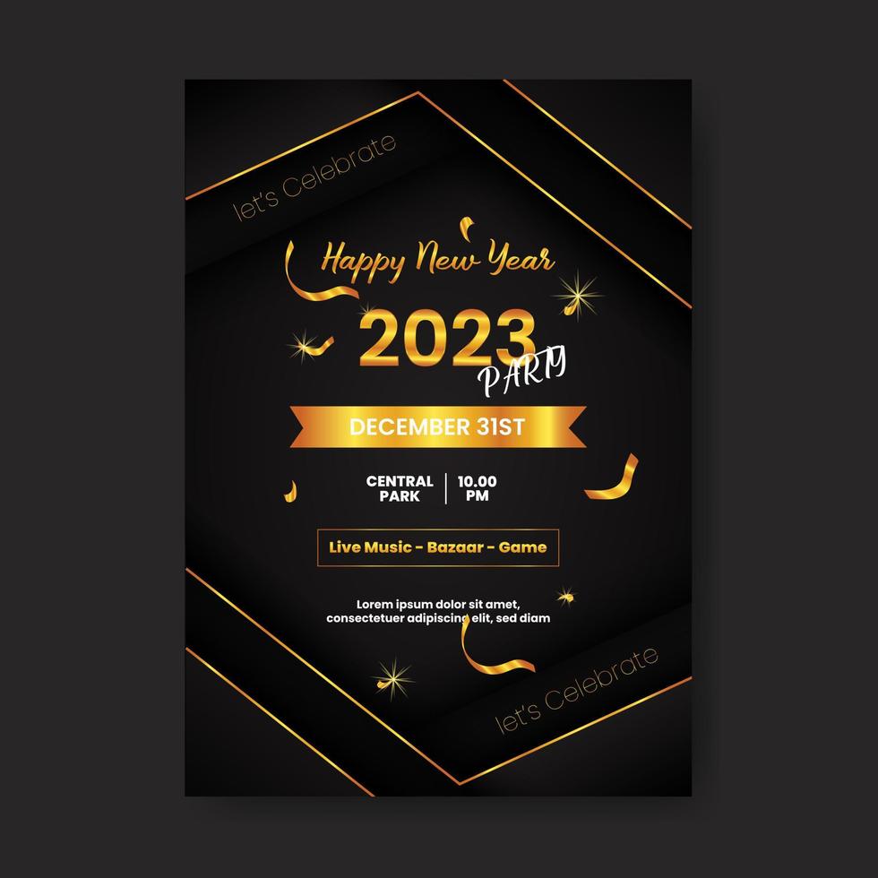 diseño de plantilla de año nuevo 2023 de cartel vertical negro y dorado vector