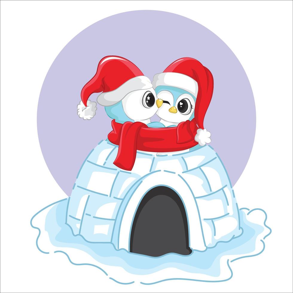 Cute penguins couple illustrated in igloo vector