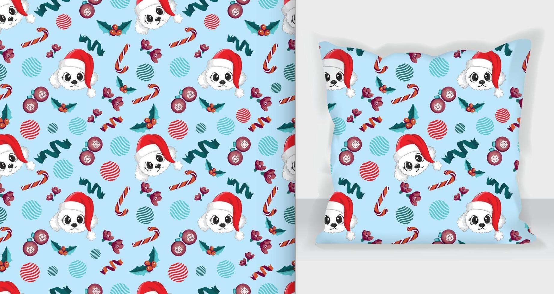 Lovely christmas dog pattern with Square pillow mockup. vector