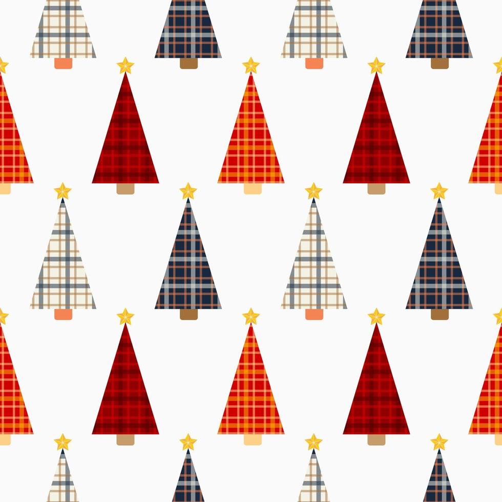 Seamless pattern of simple geometric Christmas trees in plaid texture on isolated background. Design for Christmas home decor, holiday greetings, Christmas and New Year gifts and celebration. vector