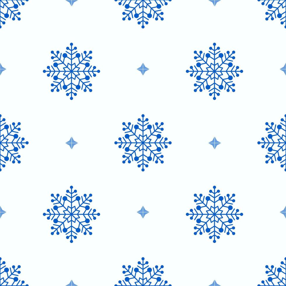 Seamless pattern of blue snowflakes, stars on isolated background. Season celebration of New Year, Christmas, Winter holidays. Snowfall background for greeting cards, scrapbooking, wallpaper. vector