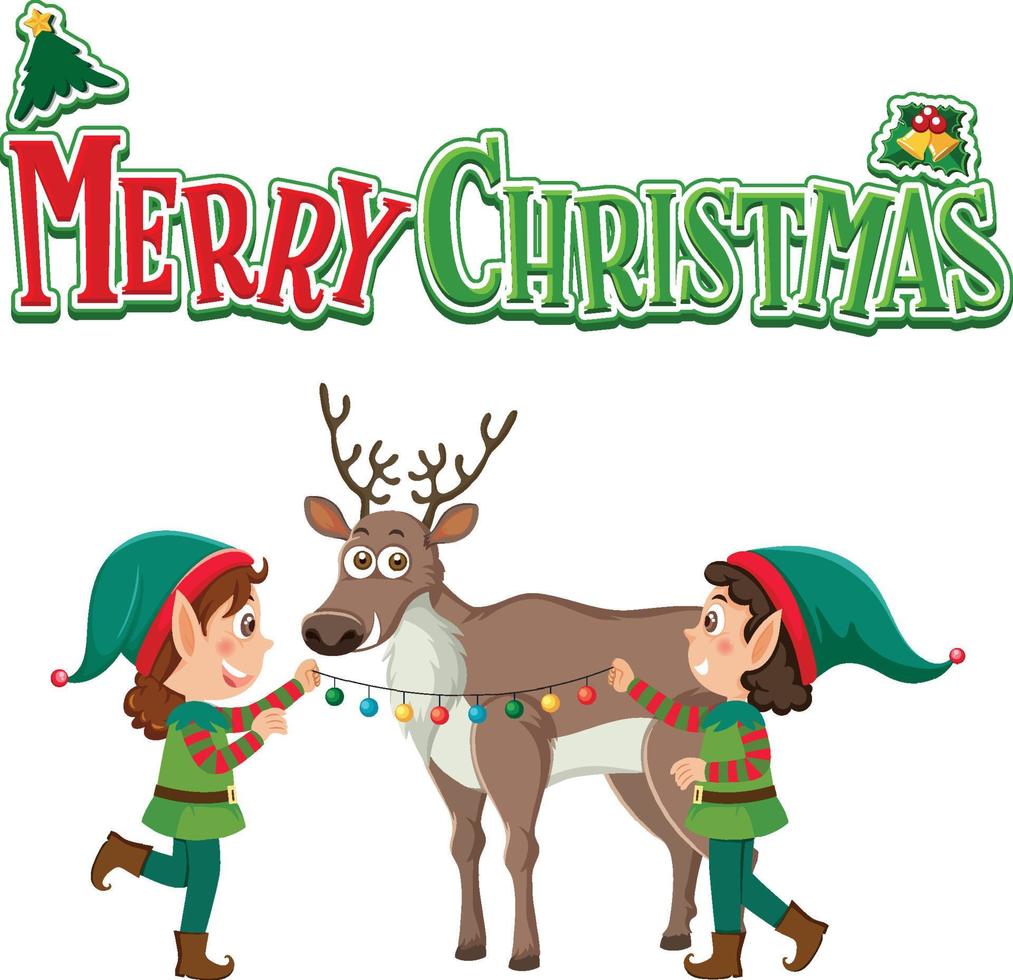 Merry Christmas text with elves cartoon character vector