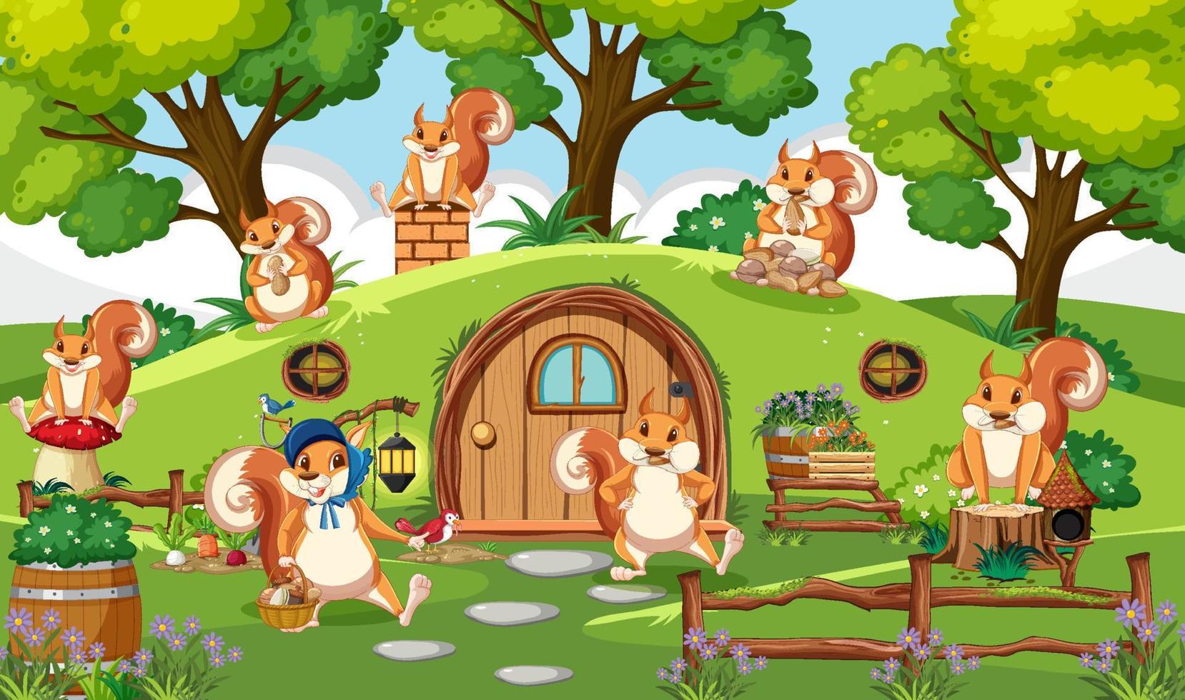 Squirrel family with hobbit house vector