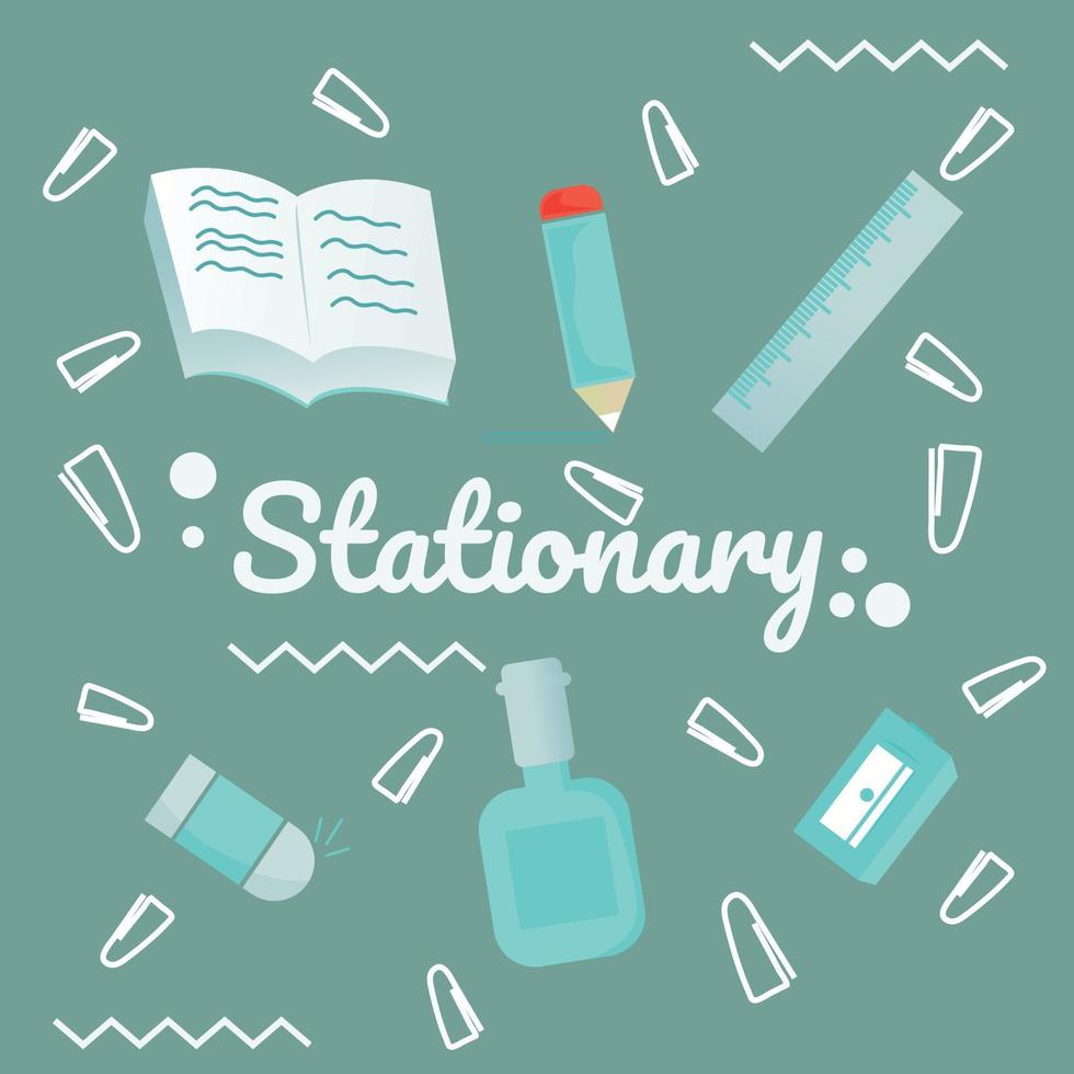 Flat design of school supplies. book, eraser, pencil sharpener, ruler , paper clips vector illustration