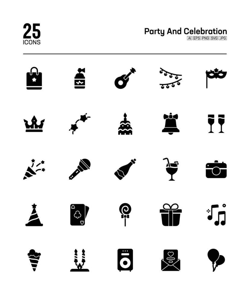 fiesta y celebración, aniversario, cumpleaños, conjunto de iconos de glifo- paquete de iconos de glifo vectorial, regalo, vino, música, máscara de fiesta, vector