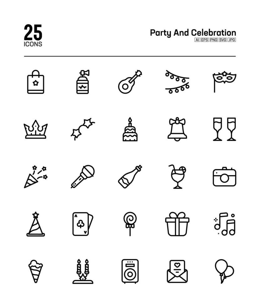 Party and celebration, anniversary, birthday, outline icon set- vector outline icon pack, gift, wine, music, party mask,