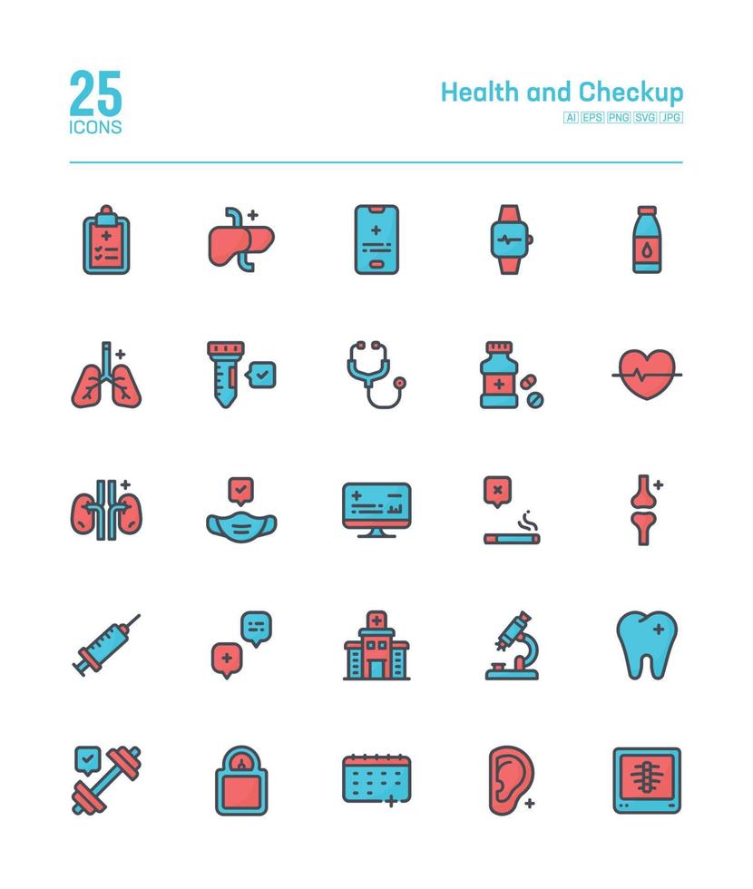 conjunto de iconos de color lineal de salud y chequeo, médico, clínica, hospital, atención médica y médica - paquete de iconos de color de relleno vectorial, vector
