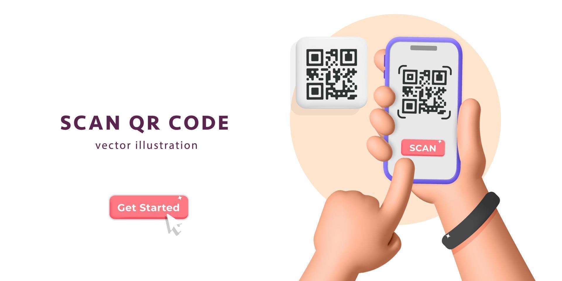 3d vector banner template for hand scanning qr code with mobile app service on smartphone design