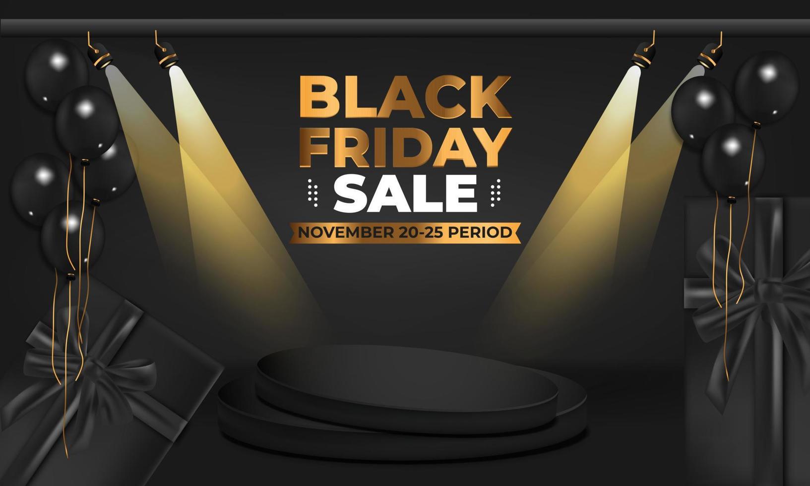 black friday sale. Realistic 3d design gift box, black podium with spotlight for promotional marketing discount and online shopping concept. vector template