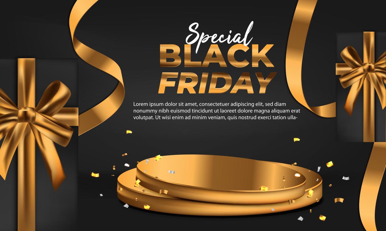 banner black friday sale. Realistic 3d design gift box, black balloon, gold bow. for promotional marketing discount and online shopping concept. vector template