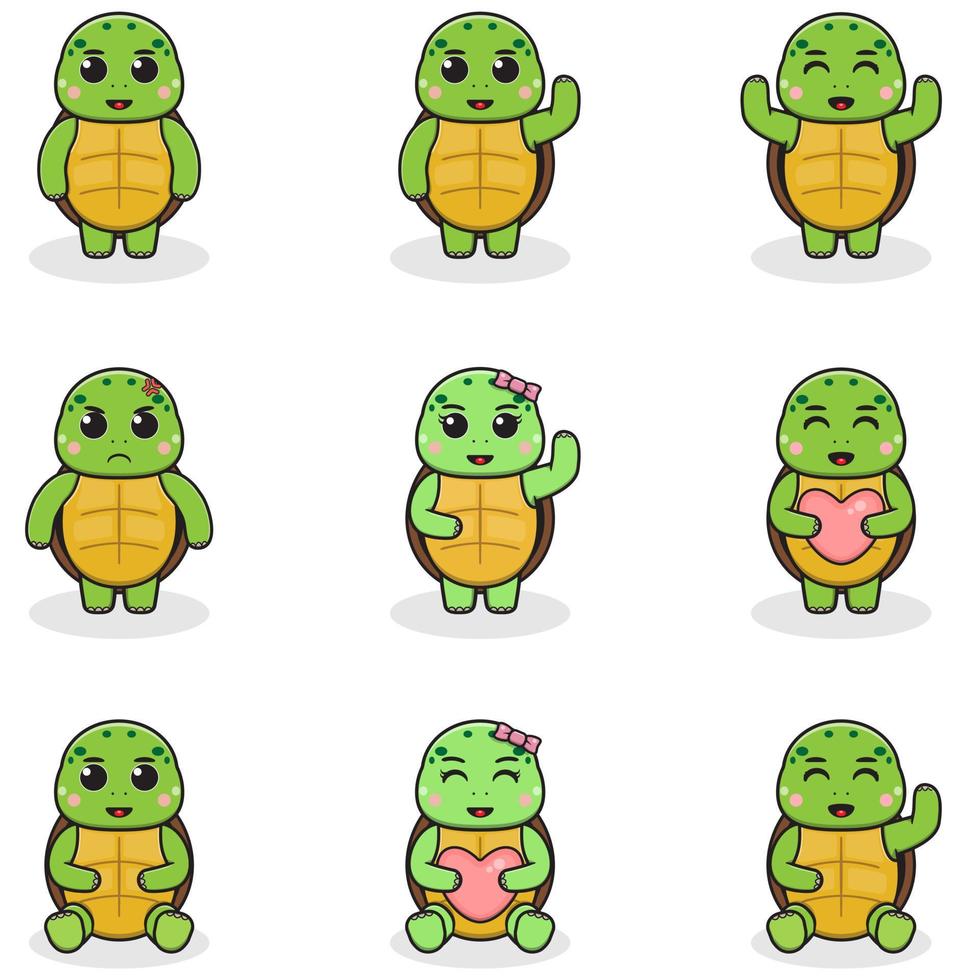 conjunto de ilustraciones vectoriales de dibujos animados de tortugas. paquete de lindo juego de tortugas. conjunto de animales. personajes aislados de dibujos animados y vectores. una colección de animales al estilo de los niños. vector