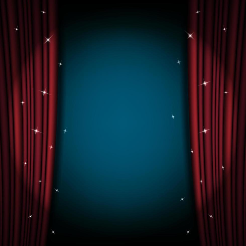 Open red curtain theater background with sparkling stars. Vector illustration