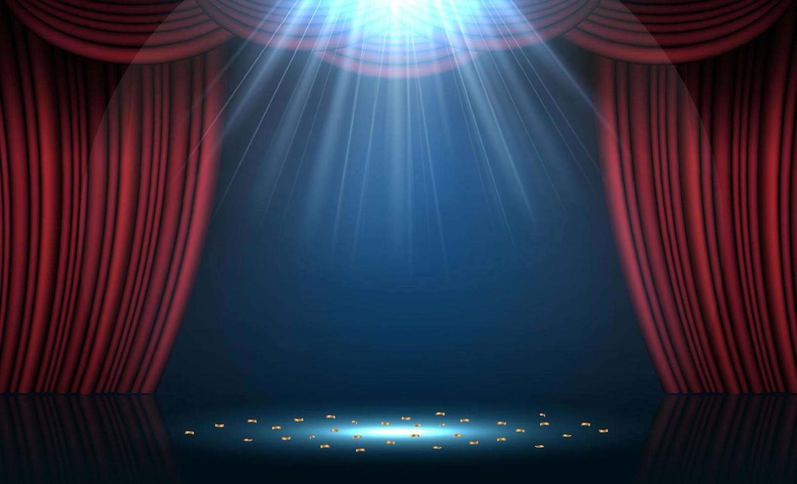 Red stage curtain illuminated by spotlights. Vector illustration