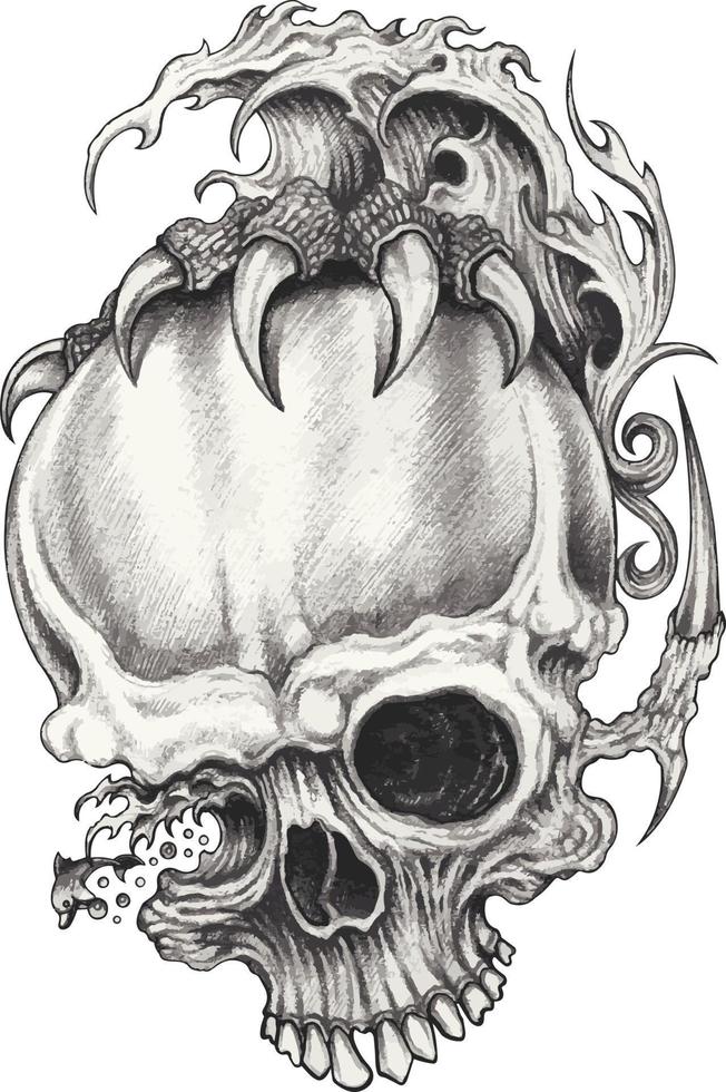 Tatuaje de calavera surrealista de fantasía artística. dibujo a mano y hacer vector gráfico.