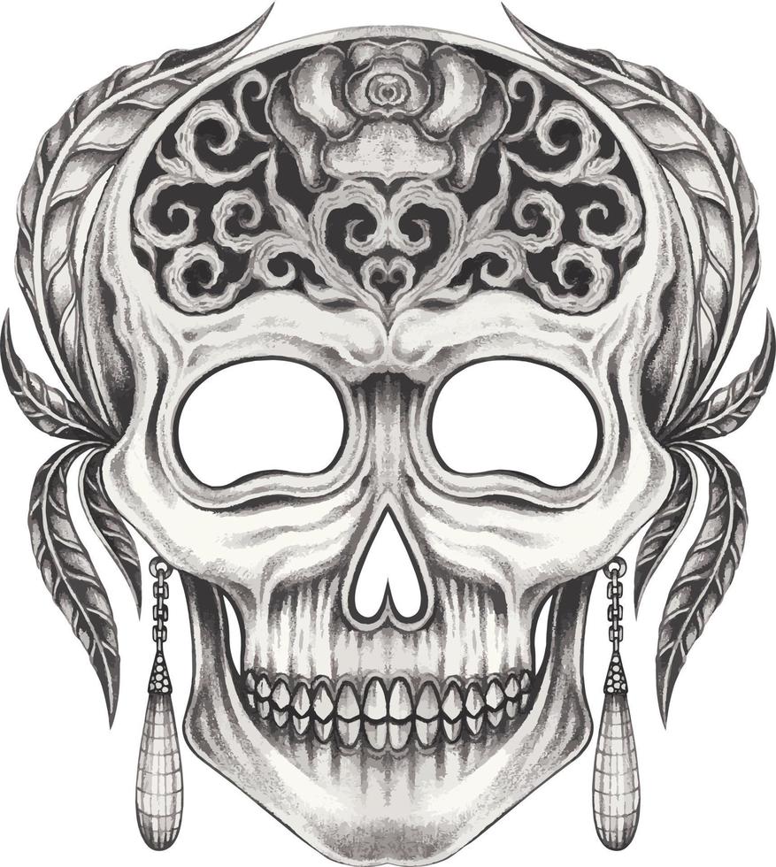 Art fancy surreal skull. Hand drawing and make graphic vector. vector