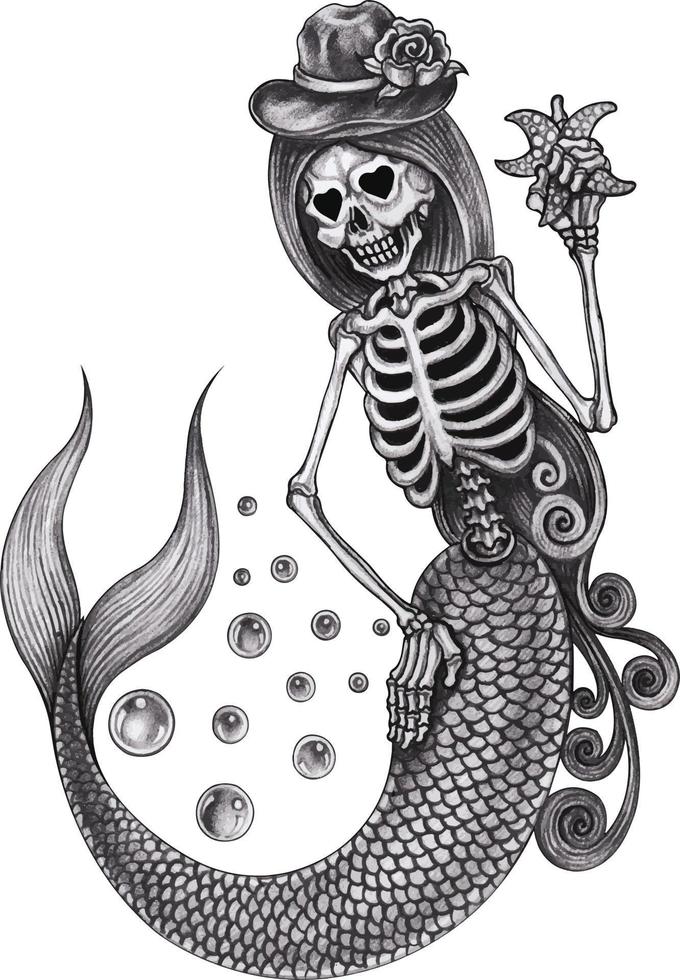 Art fantasy mermaid skull. Hand drawing and make graphic vector. vector