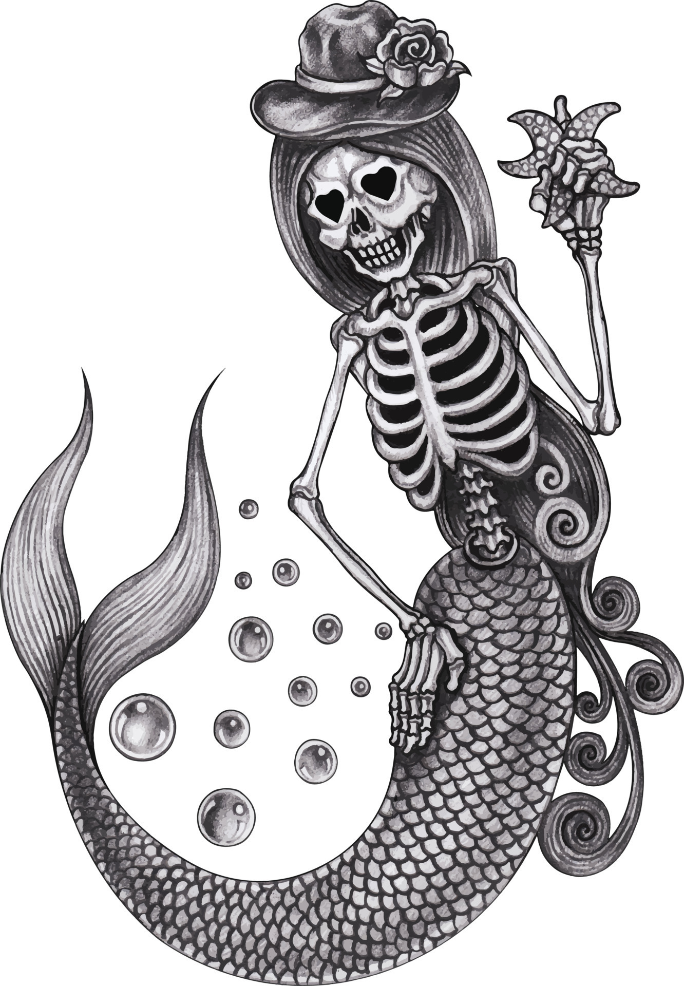 Art fantasy mermaid skull. Hand drawing and make graphic vector. 14000226  Vector Art at Vecteezy