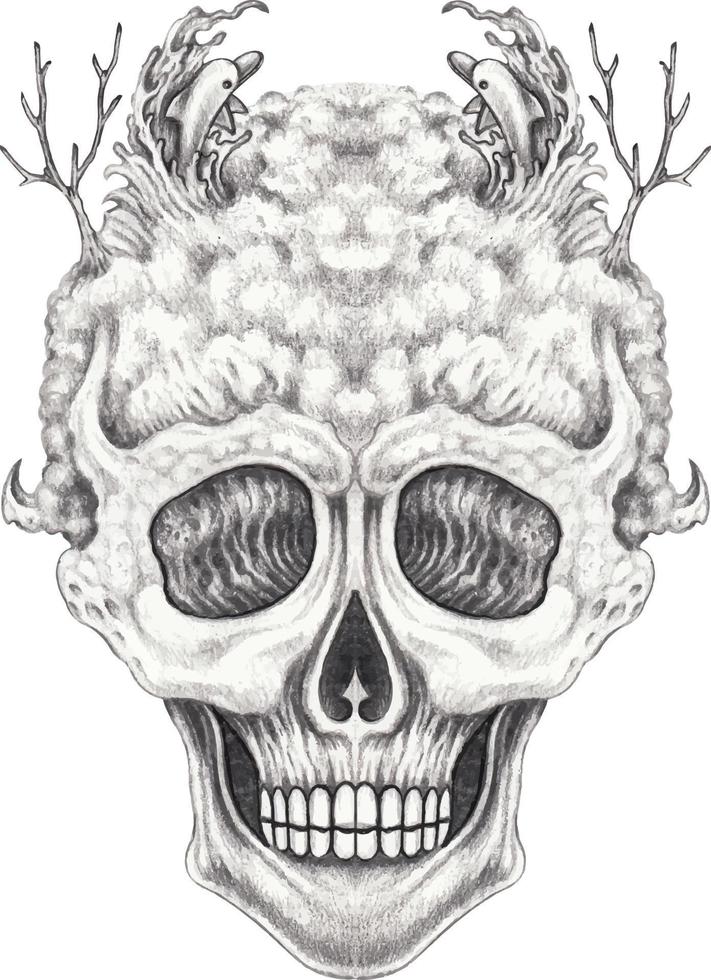 Art fantasy surreal skull. Hand drawing and make graphic vector. vector