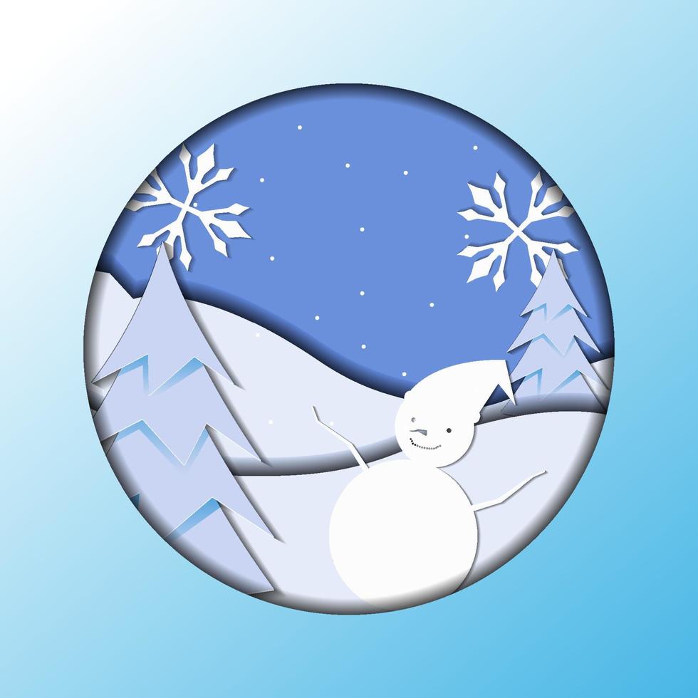 Christmas paper cut ilustration, snowman, snow vector
