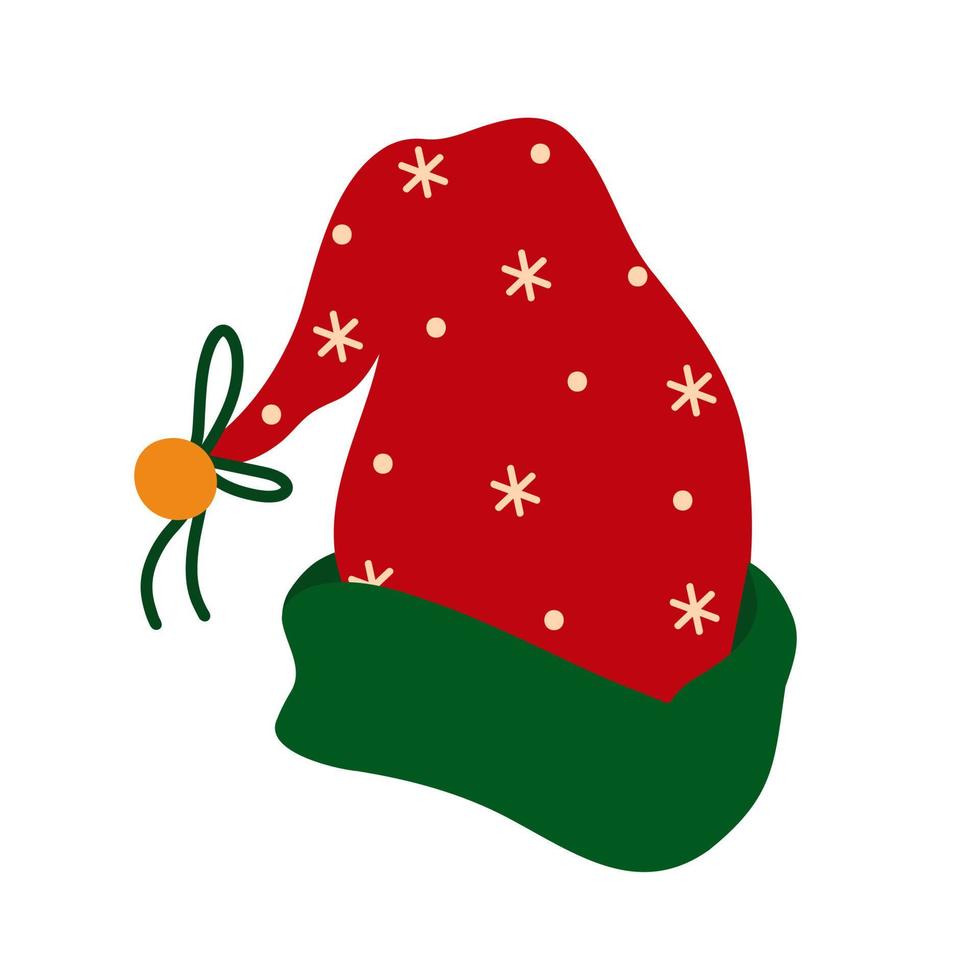 Christmas elf hat vector icon. Red headdress with green fur, jingle bell, bow and snowflakes. Santa Claus helper cap. Flat cartoon clipart isolated on white. Illustration for cards, posters, prints