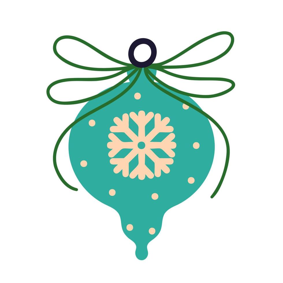 Christmas toy vector icon. Bright glass ball with a snowflake, a bow, a clip for hanging. Festive bauble isolated on white. Simple doodle, flat cartoon illustration. Clipart for cards, posters, prints