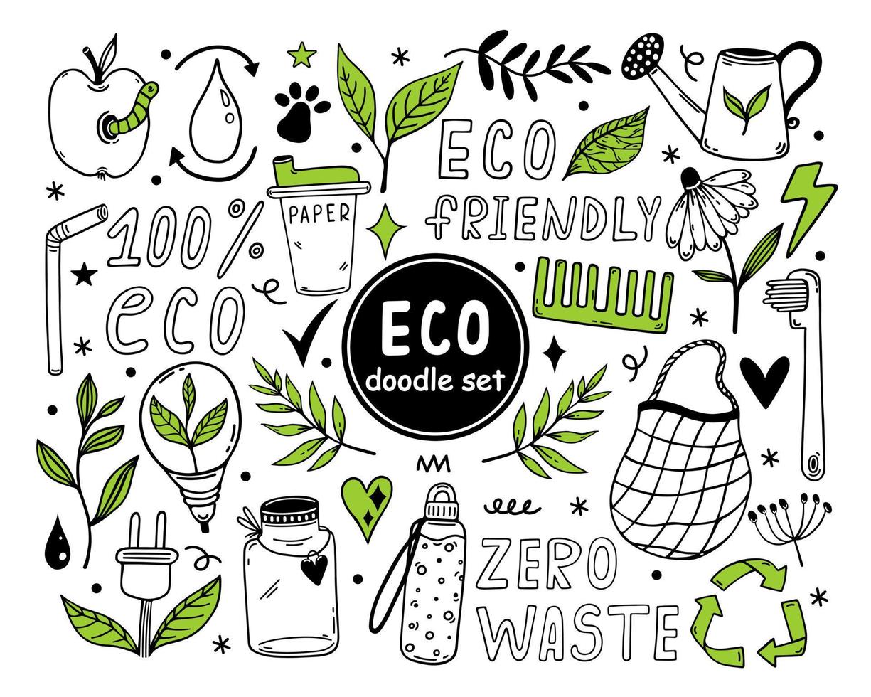 Eco doodles vector set. Symbols of environmental care - zero waste, organic products, recycling, eco-friendly. Bio emblem, go green. Simple outline isolated on white. Clipart for print, logos, apps