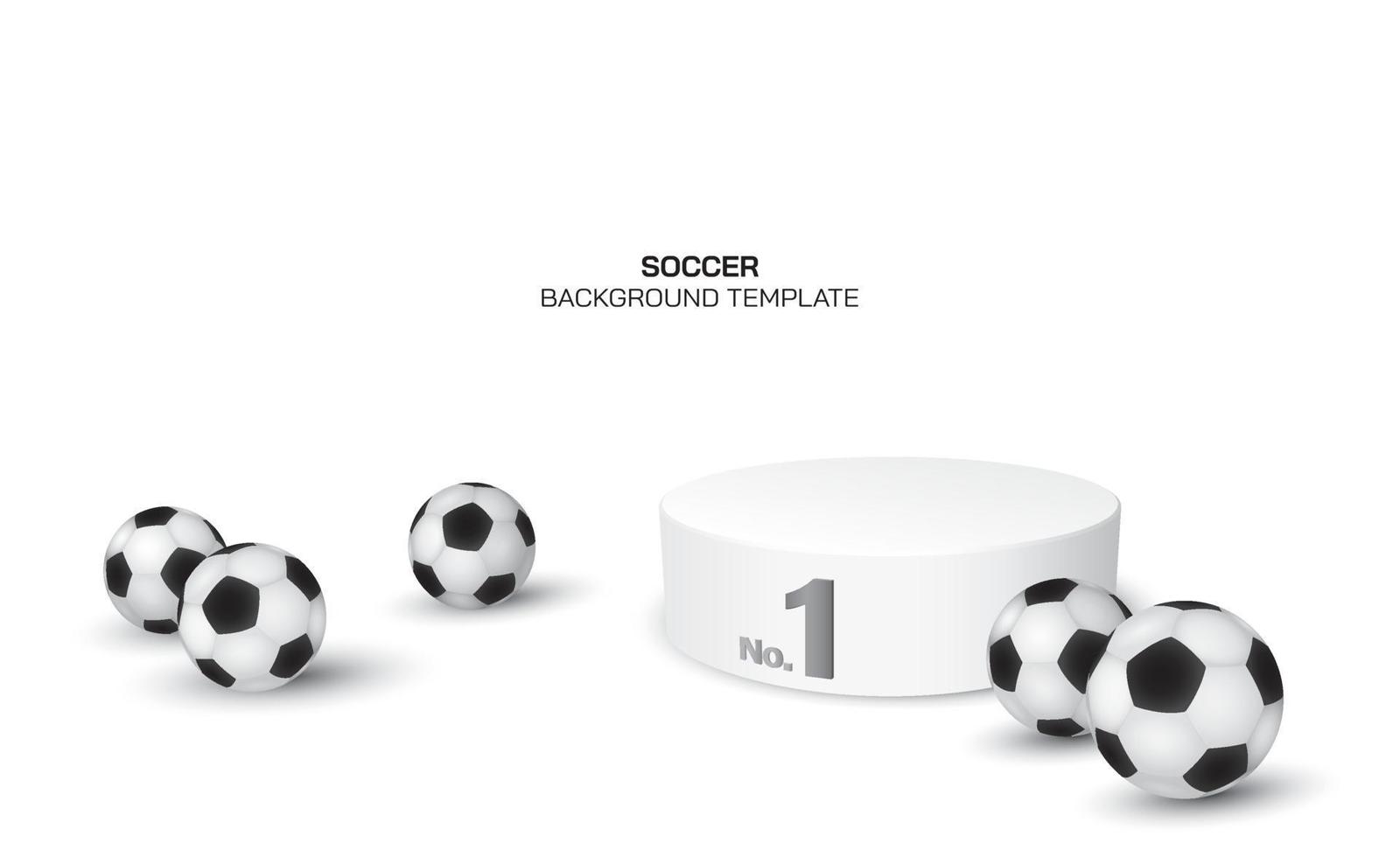 Ilustración de vector 3D de balones de fútbol y podio ganador con fondo blanco. fondo de fútbol con espacio en blanco.
