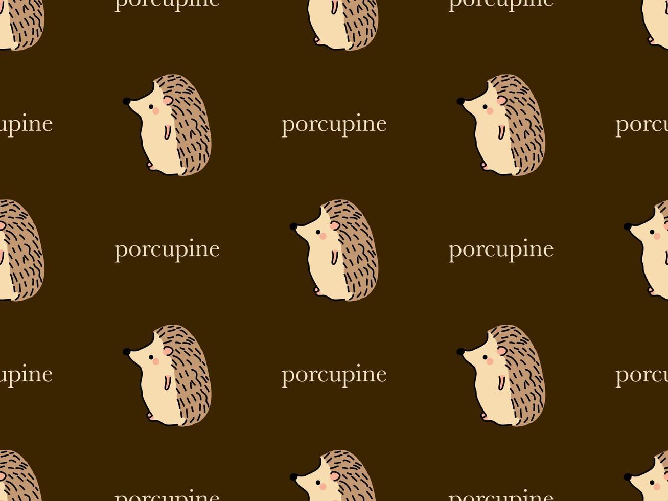 Porcupine cartoon character seamless pattern on brown background vector