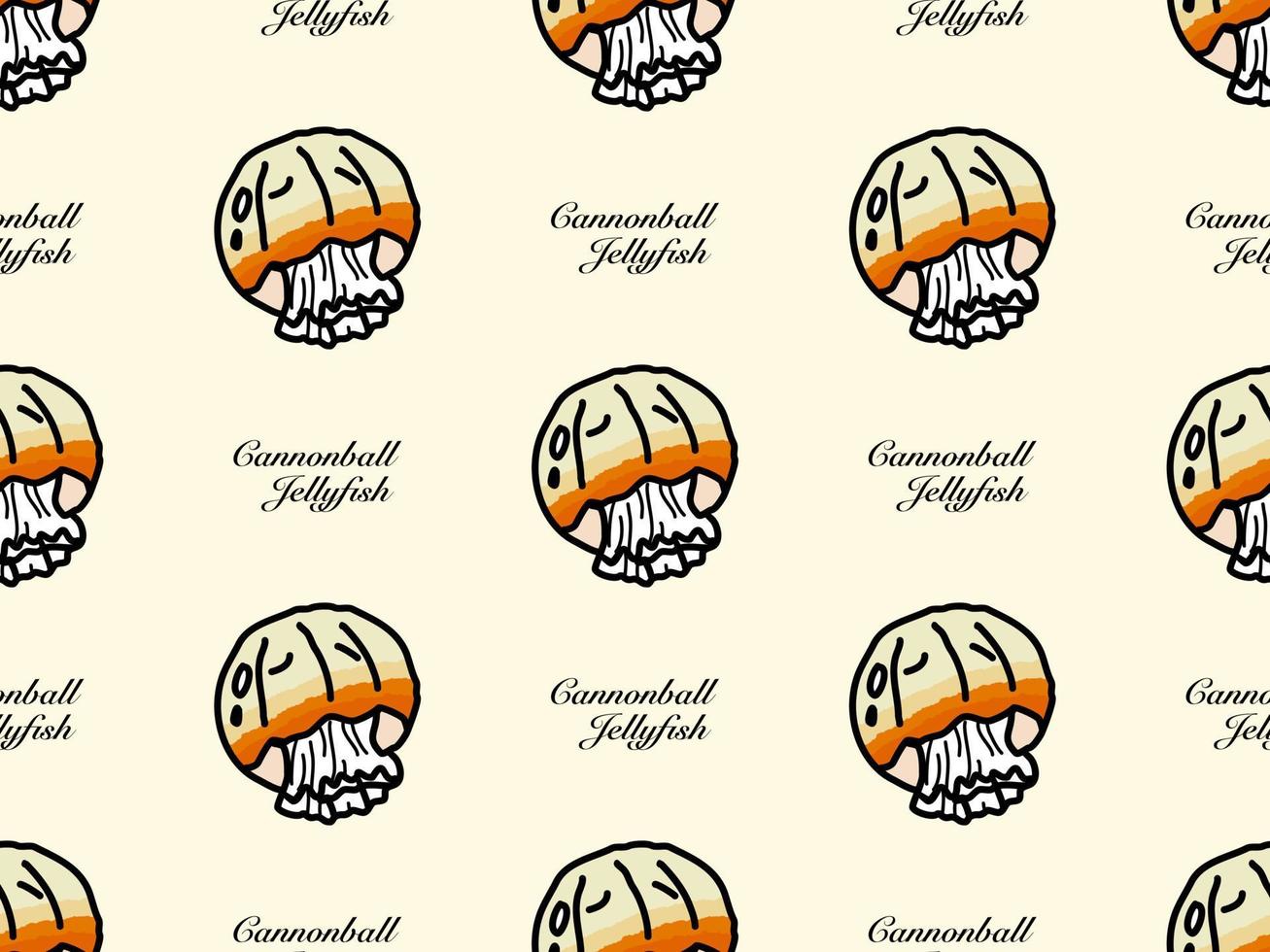 Cannonball jellyfish cartoon character seamless pattern on orange background vector
