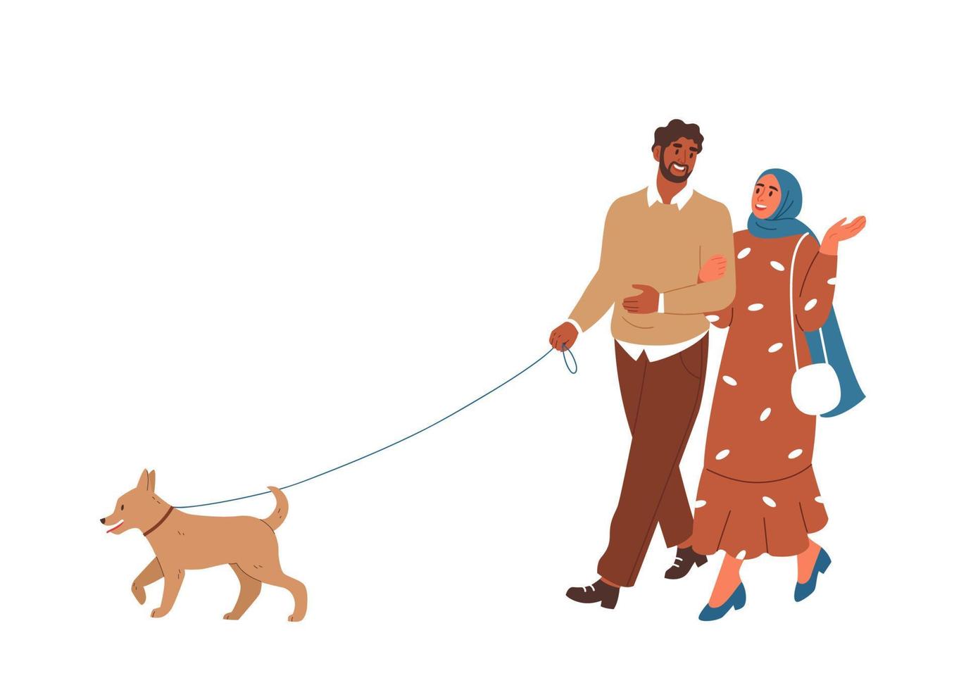 Happy muslim couple walking a dog. Flat vector illustration.